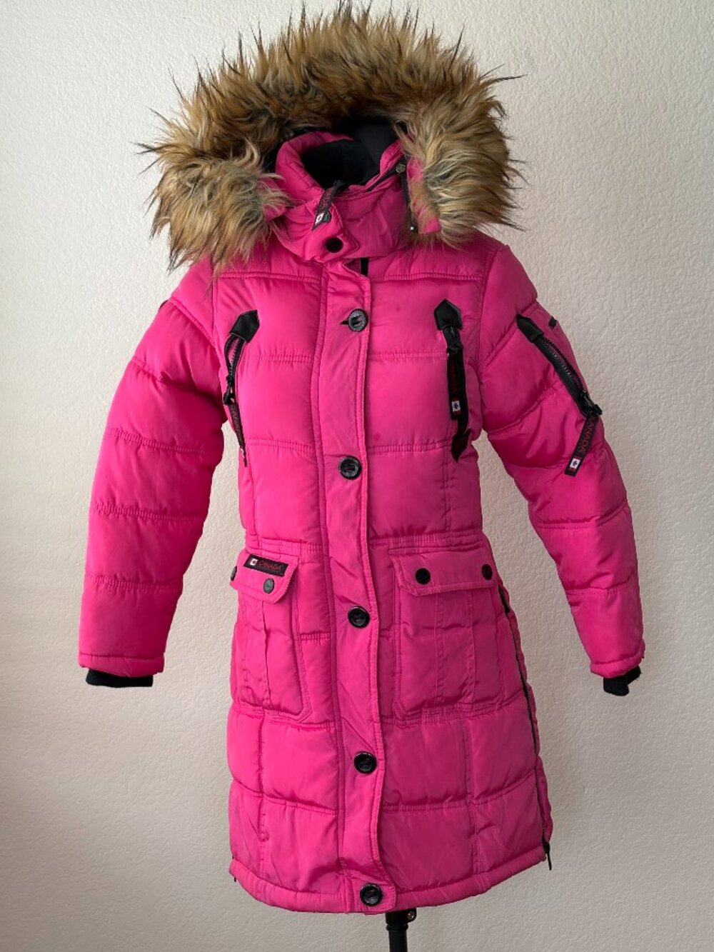 Canada Weathergear Girls 10/12 Pink Long Puffer Winter Coat Faux Fur Hood Flaws